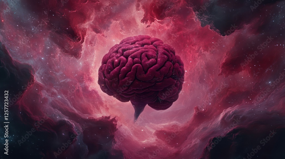 Poster abstract representation of a brain in a cosmic setting with vibrant colors and details