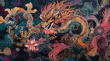 Obraz premium Colorful Asian Dragon Art with Intricate Floral Patterns and Mythical Creatures