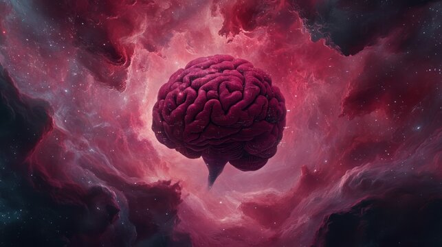 Abstract representation of a brain in a cosmic setting with vibrant colors and details