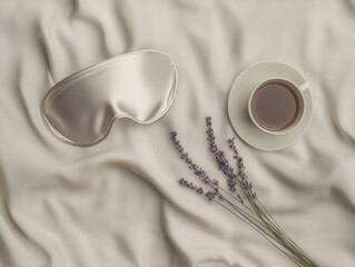 Cozy minimalistic flat lay with silk sleep mask, lavender, and coffee for relaxation and wellness