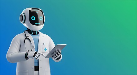 Medical robot doctor in white coat holding tablet against blue green gradient background with copy space. Future healthcare artificial intelligence concept