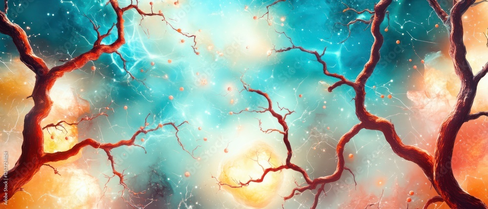 Fototapete abstract cosmic patterns with vibrant colors and twisted branches in space