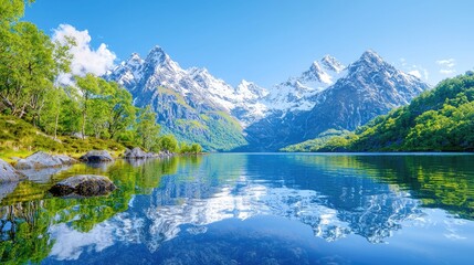 Mountain lake reflection, summer scene, idyllic nature (1)
