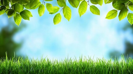 Obraz premium A green grassy field with a blue sky in the background