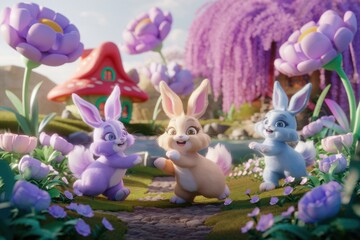 Obraz premium Three adorable bunnies frolic in a whimsical, flower-filled fantasy landscape.