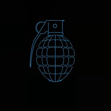 This icon is a neon blue outline of a hand grenade on a black background.