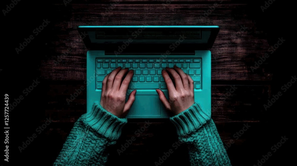 Poster hands typing on a laptop keyboard in dark ambient setting with cozy sweater appearance