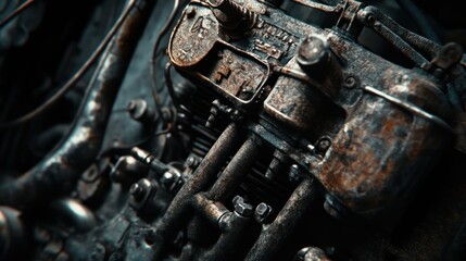 The engine is made of metal, with the focus on its cylinder head and connecting rod details