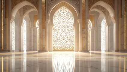 Fototapeta premium Grand Islamic Palace Interior: Marble, Arches, and Golden Light