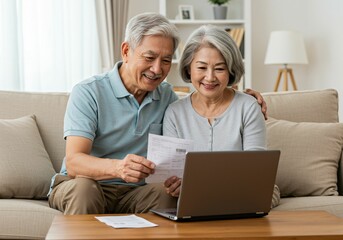 Senior couple managing finances online at home.