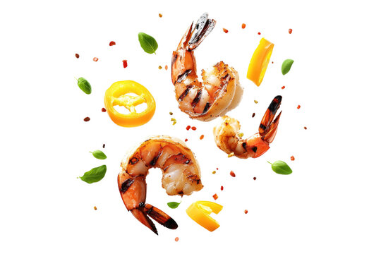 Grilled shrimp with yellow peppers and herbs floating in mid-air isolated on white or transparent, PNG