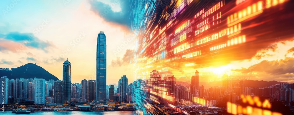 Poster vibrant cityscape with overlay of digital data and sunset in hong kong skyline