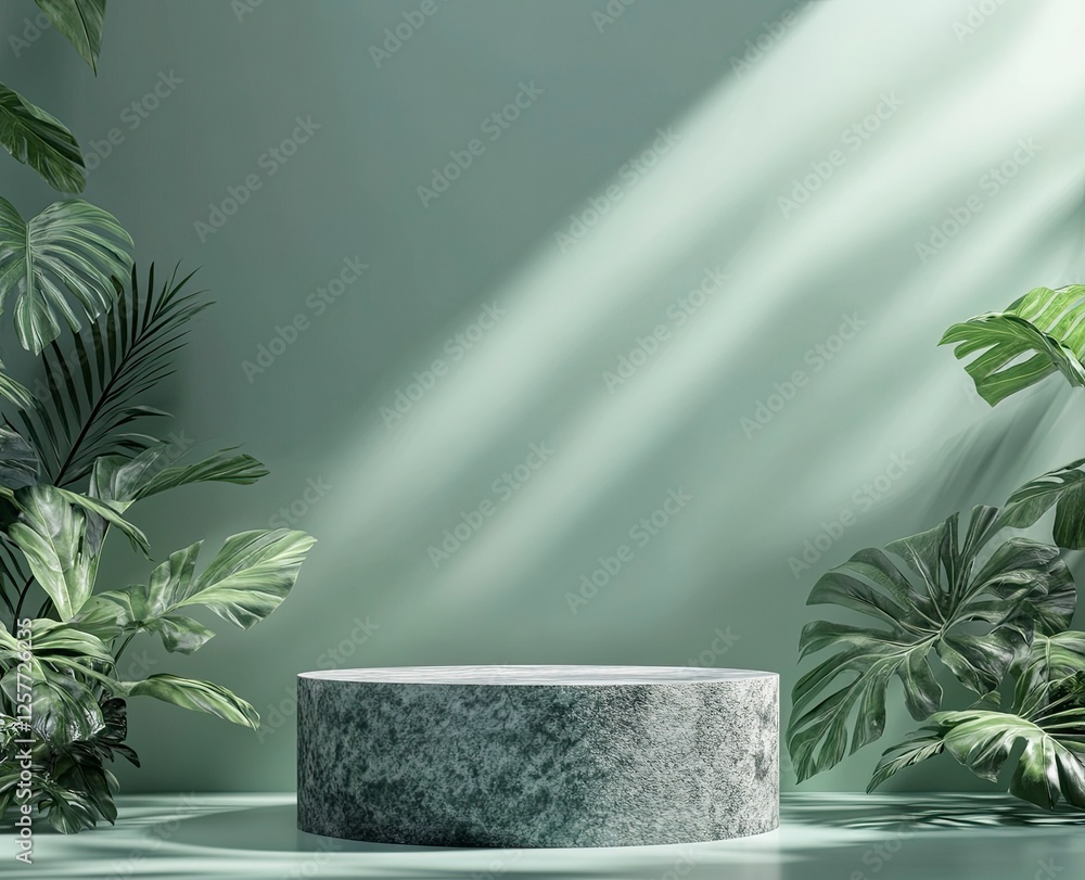 Poster 3d rendering of a green background with tropical plants and a stone podium for a product display pre