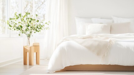 Bright, airy bedroom with white bedding and a vase of flowers. Perfect for home and lifestyle themes.
