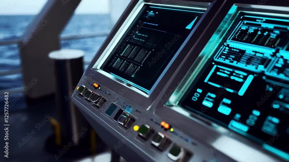 Poster digital screens on maritime vessel's futuristic control panel displaying dynamic data, revealing com