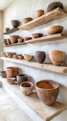 Rustic Artisanal Pottery Displayed on Wooden Shelves in Modern Minimalist Setting