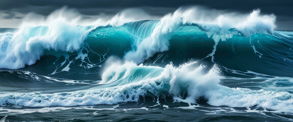 Landscape of beautiful storm waves rolling into the ocean. Panorama.