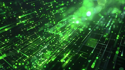 3D rendering of glowing green particles forming a grid-like structure with depth of field and a blurred background.