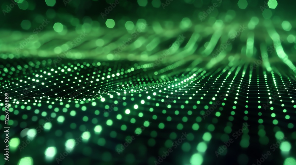 Aufkleber abstract glowing green wave of particles. futuristic background. 3d rendering.