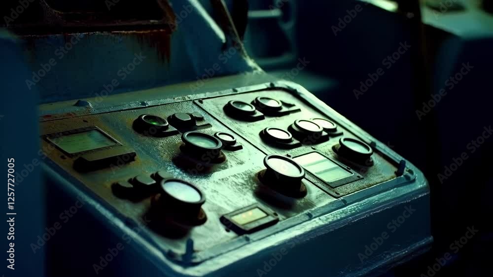 Poster multiple views of a ship's control panel illuminate, showcasing various buttons, switches, and indic