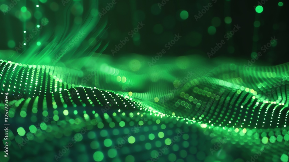 Poster this is an abstract 3d rendering of a green glowing landscape with a smooth, undulating surface.