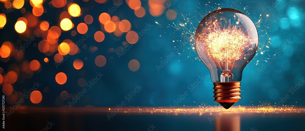 Aufkleber Sparkling light bulb with glowing sparks and abstract bokeh background in blue