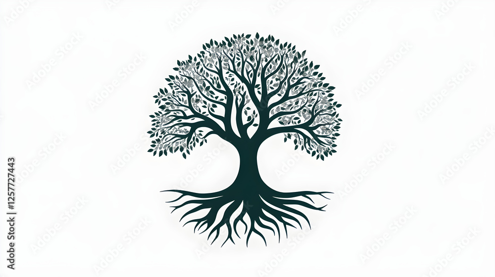 Poster a tree of life with its roots and branches forming a circle around the brand name
