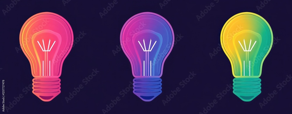Poster colorful light bulbs in gradient style on dark background for creative concepts