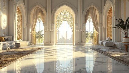 Obraz premium Luxurious Arabian Palace Interior Design with Golden Archways and Marble Floor
