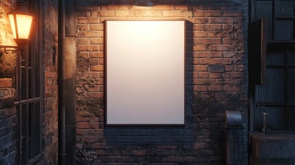 White blank poster mockup on a brick wall with lamps, 3D rendering illustration, a cinematic shot