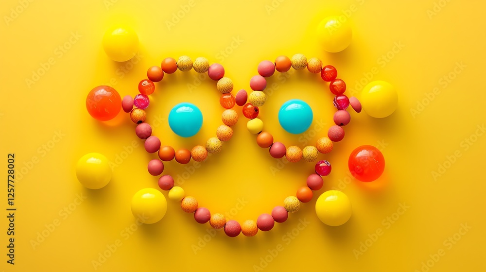 Poster 3d rendering of a smiley face made of colorful balls on a yellow background. the smiley face has two