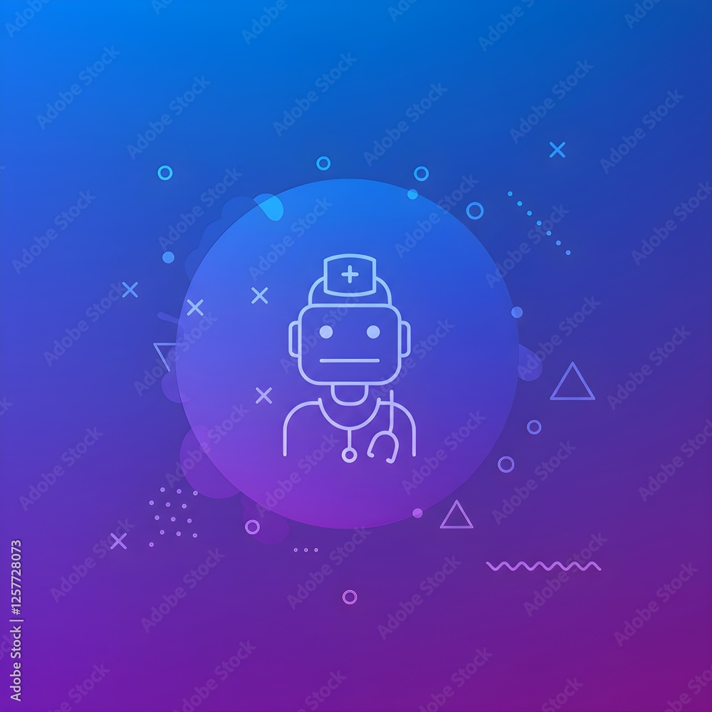 Poster minimalist robot head icon on gradient purple and blue background with abstract geometric shapes. mo