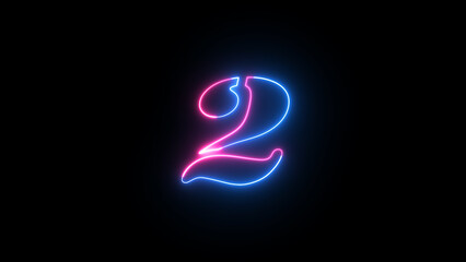 Abstract neon countdown “2” number text background illustration. Neon digital number. Educational mathematics concept with neon letter