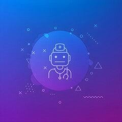 Minimalist robot head icon on gradient purple and blue background with abstract geometric shapes. Modern tech design for artificial intelligence and chatbot applications