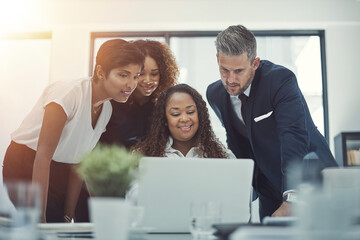 Laptop, leadership or business people in meeting with news for feedback, discussion or teamwork. Corporate report, happy or financial advisor talking to economists for economy or planning together