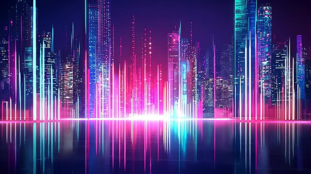cityscape with space and neon light effect. Modern hi-tech, science, futuristic technology concept. Abstract digital high tech city design for banner background
