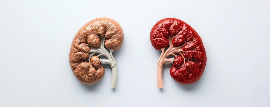 Comparison chart of a healthy kidney versus a kidney with a tumor, showing clear anatomical differences