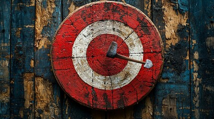 Obraz premium Axe embedded in target, rustic wood background; game, sport, recreation