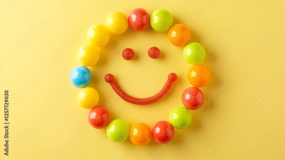 Poster colorful balls arranged in a circle with a smiley face made of red string in the center on a yellow 