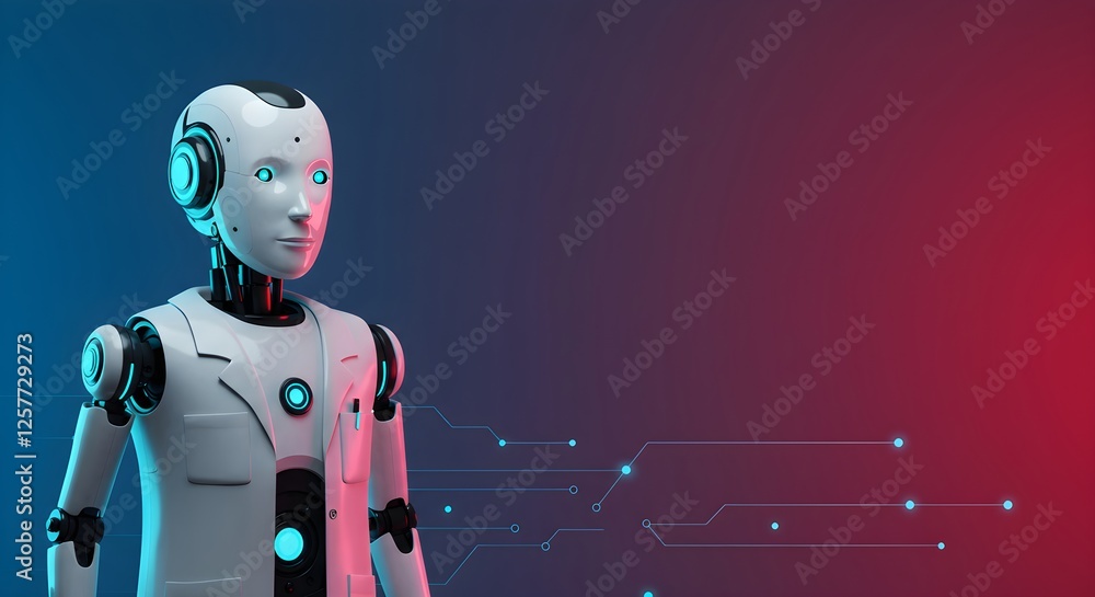 Poster humanoid robot with glowing details on dark gradient background with digital connections. futuristic