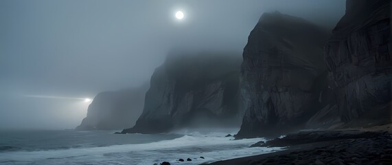 Breathtaking coastal cliffs engulfed in fog creating an ethereal setting that invites contemplation about natures timeless beauty