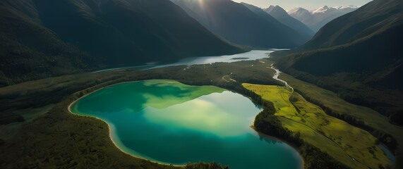 Fototapeta premium Breathtaking aerial view of a polluted lake surrounded by lush mountains capturing the juxtaposition of environmental beauty and human impact