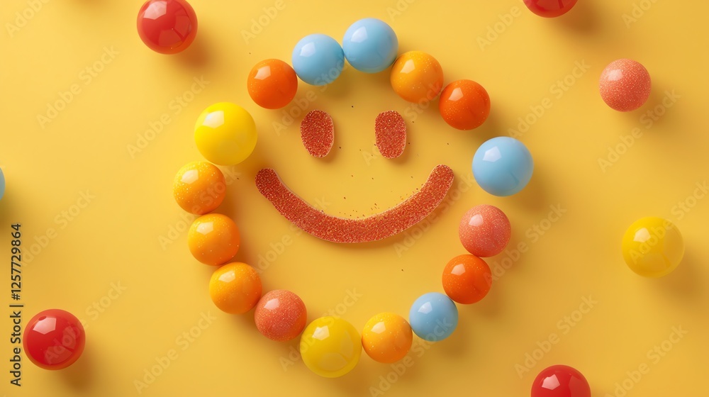 Poster a 3d rendering of a smiley face made of colorful balls on a yellow background. the balls are arrange