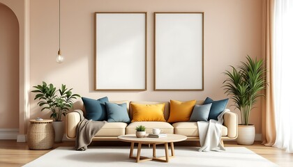 Modern living room interior design, beige walls, sofa, two frames, plants