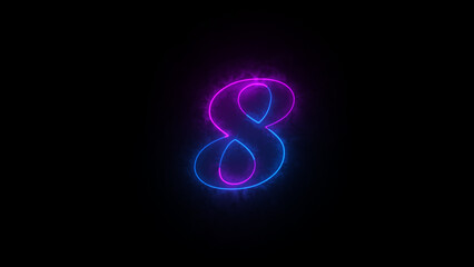Educational mathematics concept with neon letter. Abstract neon countdown “8” number text background illustration. Neon digital number.