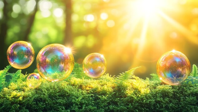 &Uuml;ber Moos und Farn im Wald schweben Wassertropfen im hellem Licht