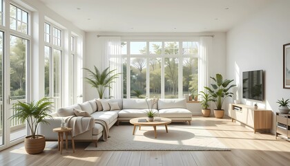 Fototapeta premium Scandinavian-inspired living room with large windows, light oak floors, modern furniture, and a cozy neutral L-shaped sofa with soft throws 
