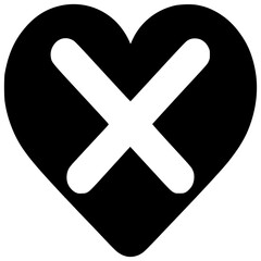 Obraz premium Heartbreak Icon: A bold graphic design featuring a black heart shape overlaid with a large white 'X', symbolizing rejection, heartbreak, or the end of a relationship.