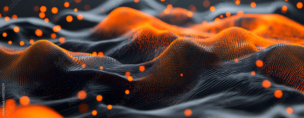 Poster abstract dark waveform with glowing orange particles digital art 3d rendering