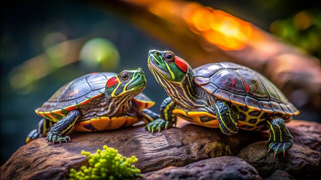 Adorable Baby Red-Eared Slider Turtles, Shallow Depth of Field, Close-Up